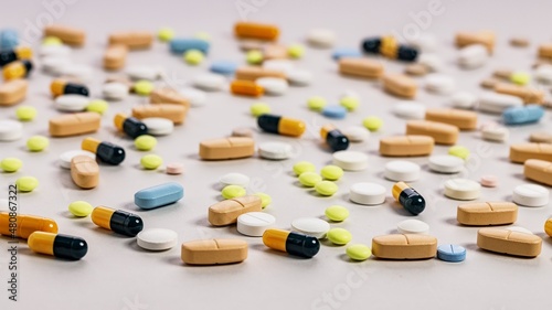Pharmaceutical pattern of many multicolored drugs and pills. Composition on a light background. Healthy care concept. WEB banner format