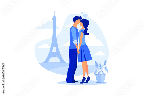 happy valentine day. Young couple kissing passionately full of love with Eiffel Tower in the background in Paris. flat vector illustration style 