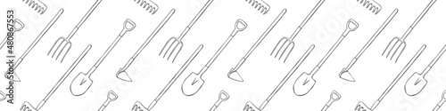 Photo Seamless pattern with garden equipments: shovels, spades, rakes, hoes, pitchforks