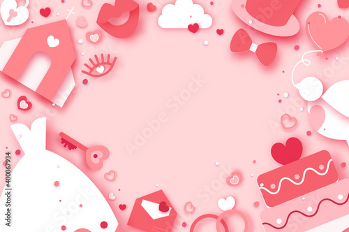Wedding day. Wedding timeline. Church, I do, Toast. Dance. Happy Valentine's day. Happy holidays and honeymoon in paper cut style. Heart frame for text. Pink color
