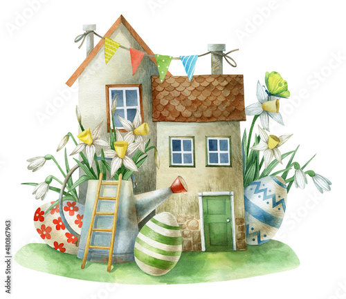Easter card. Watercolor illustration. Spring holidays. Houses, eggs, flowers.