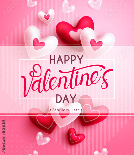 Valentine's greeting text vector poster design. Happy valentine's day typography with heart balloon elements for card decoration. Vector illustration.
