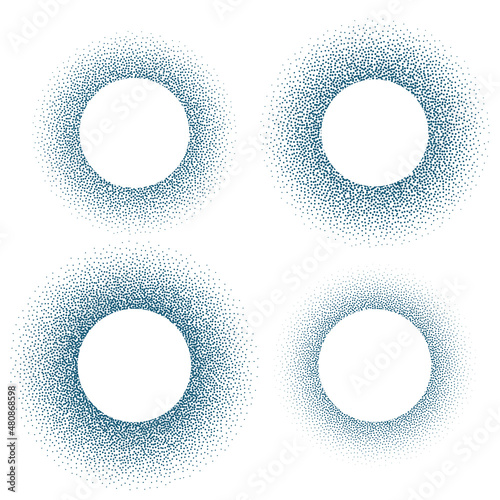 Halftone circle frames set with black random dots, logo emblem design element for technology, medical, treatment, cosmetic. Border with empty space for your text, round shape. Vector illustration