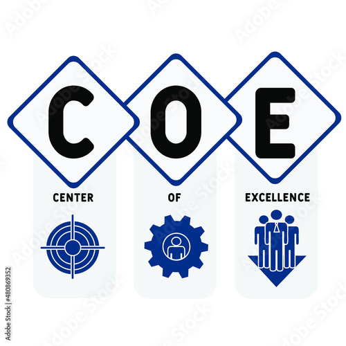 COE - Center of Excellence acronym. business concept background. vector illustration concept with keywords and icons. lettering illustration with icons for web banner, flyer, landing pag