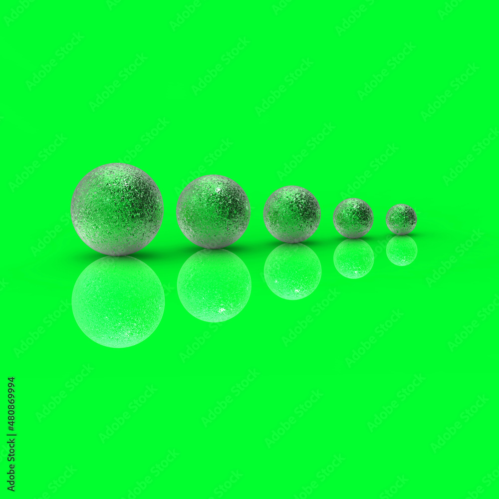 Five balls of metal of different sizes of Green color on Neon Green background. Growth of something. Progress. Reflection. Square image. 3D image. 3D rendering. Five balls of metal of different sizes of Green color on Neon Green background. Growth of something. Progress. Reflection. Square image. 3D image. 3D rendering.