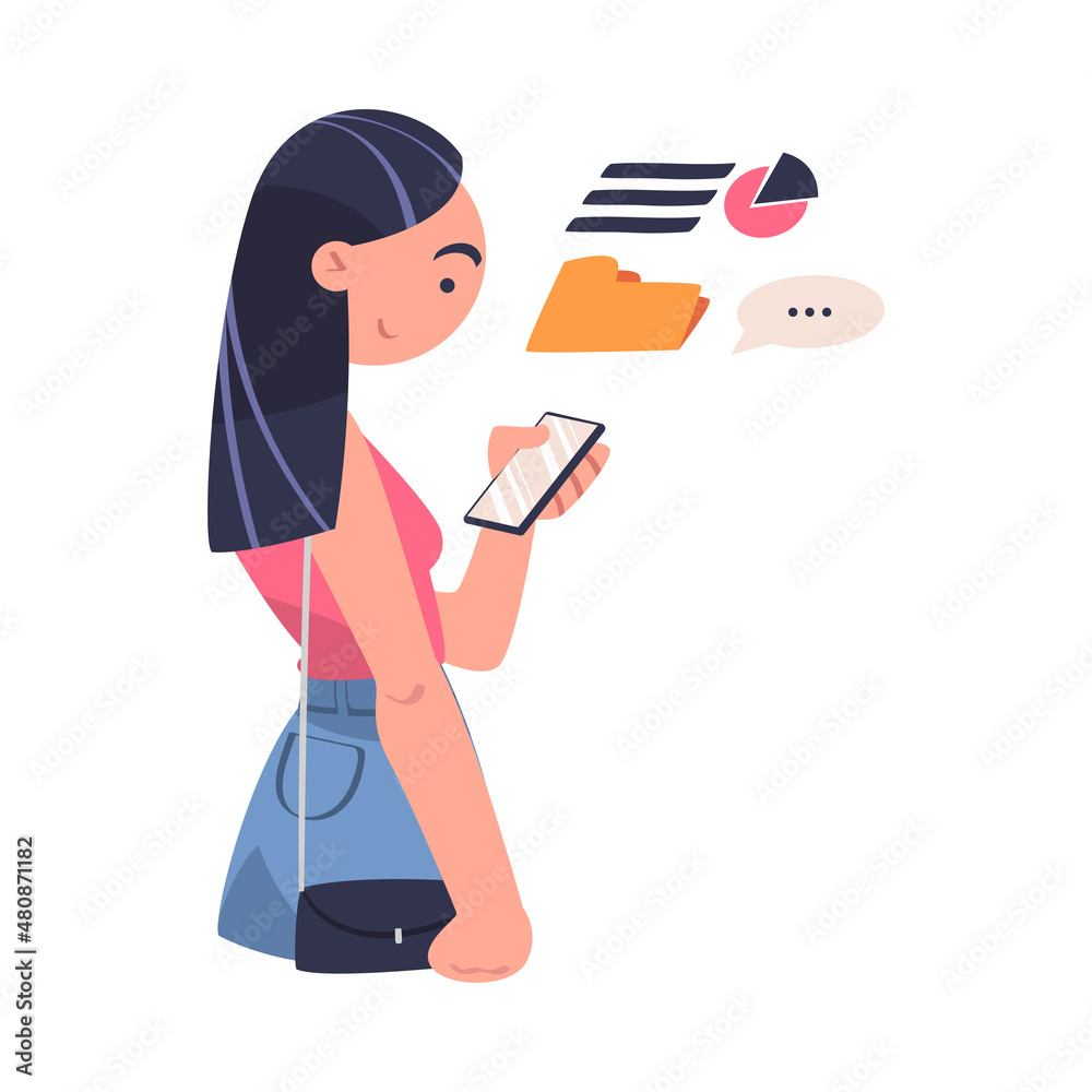 Woman Character with Smartphone Working with Information Analyzing Data and Browsing Internet Vector Illustration Woman Character with Smartphone Working with Information Analyzing Data and Browsing Internet Vector Illustration