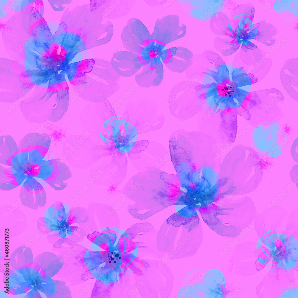 Abstract floral watercolor seamless pattern in neon colors 