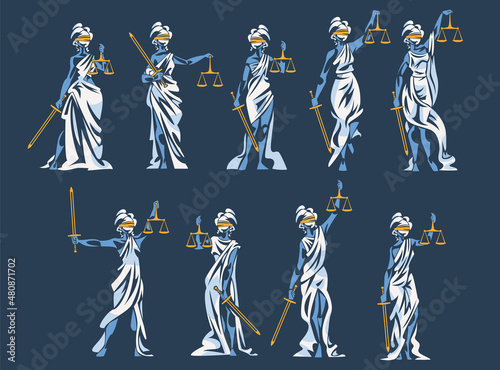 Themis as Ancient Greek Goddess and Lady Justice with Blindfold Holding Scales and Sword Vector Set