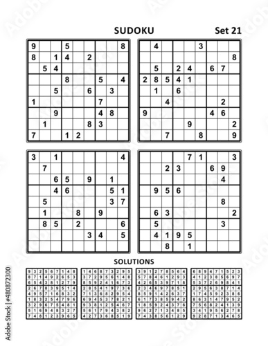 Four sudoku puzzles of comfortable medium level. Set 21. Answers included.
