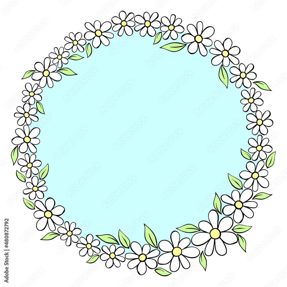 Fototapeta premium Vector hand drawn circle frame, border, wreath from color small flowers in doodle style. Cute simple primitive background, decoration for invitation, greeting card, wedding