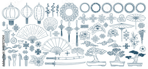 Asian doodles set. Asia culture symbols collection. Eastern traditional elements set. Samurai katana. Bonsai tree, peony flowers, sakura, bamboo. Kimono ornament.