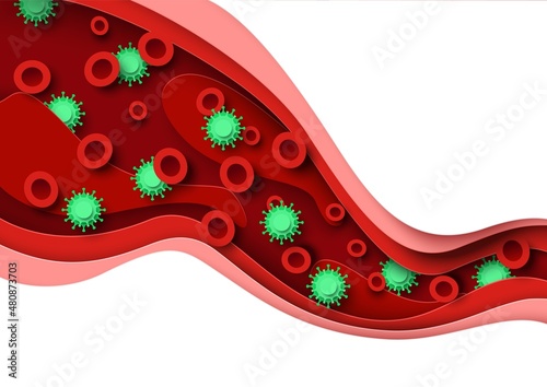Bacterial or viral infection in blood, vector paper cut illustration. Medical poster, banner template with copy space.