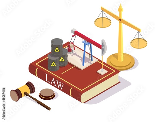 Oil and gas law and regulations vector isometric illustration. Petroleum mining act.