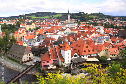 Aerial view over the old town Cesky Krumlov, South Bohemia, Czech Republic