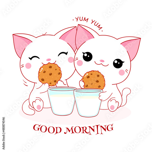 Two cute white cats with cookies choco chips and milk. Inscription Good Morning. Kawaii little kitty are happy to eat cookies. Breakfast time. Friends have breakfast. Vector illustration EPS8