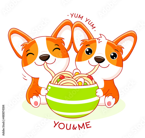 Two cute corgi puppies eat ramen noodles. Inscription You and me. Kawaii little dogs are happy to eat noodles. Can be used for t-shirt print, sticker, greeting card design. Vector illustration EPS8 