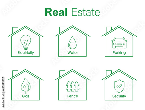 real estate icon set electricity, water, parking, gas, fence, security vector illustration 