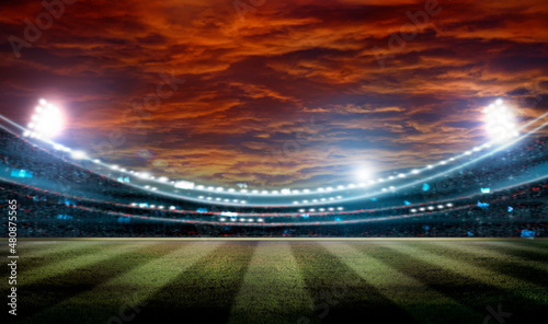 Full night football arena in lights. lights at night and stadium 3D rendering.