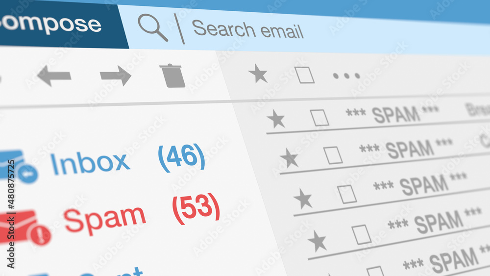 email client software interface, close-up view,number counter for inbox and spam emails, concept of online scam, phishing and malware (3d render) email client software interface, close-up view,number counter for inbox and spam emails, concept of online scam, phishing and malware (3d render)
