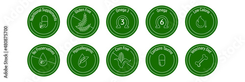 corn-free, gluten-free, omega 3  omega6, low calories, no preservatives, hypo-allergenic, nutritional supplement, contains taurine, veterinary diet vector icon set pet food properties 