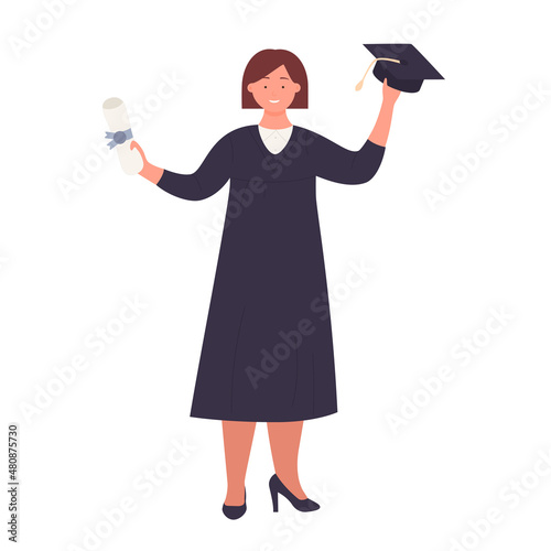 Happy student girl holding a graduation cap and diploma. Gaining academic qualification certificate cartoon vector illustration
