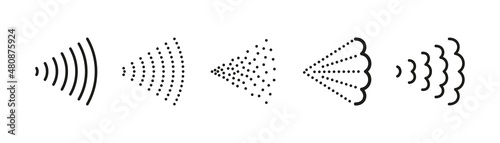 Spray steam icons for water, perfume, paint or deodorant. Scatter gas or aerosol haze. Spray symbols. Steam nozzle flows. Set of vector illustrations isolated on white background.