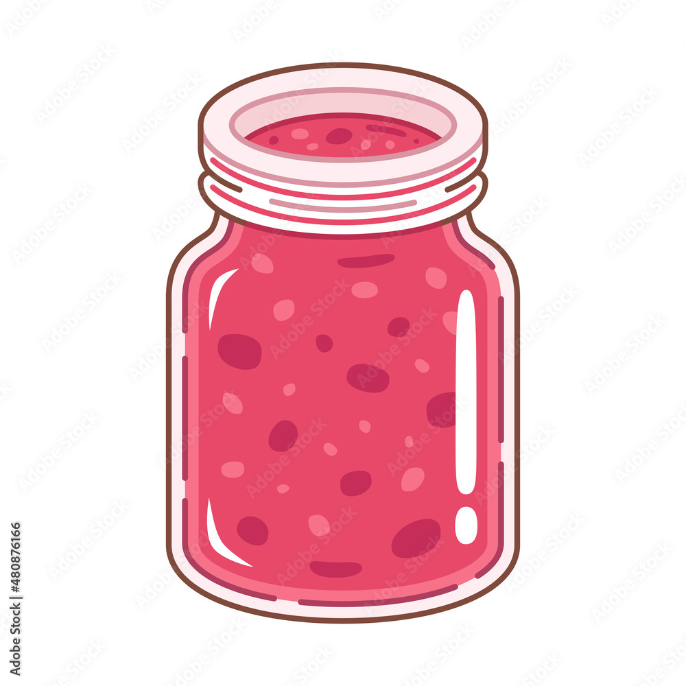 Glass jar with strawberry jam. Cartoon style. Vector illustration. Glass jar with strawberry jam. Cartoon style. Vector illustration.