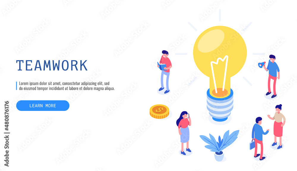 Teamwork concept. People works near the light bulb as a symbol of the idea. Isometric vector web banner.