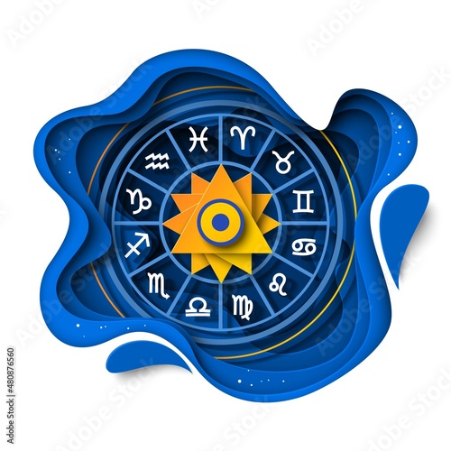 Zodiac wheel with twelve horoscope signs, vector paper cut illustration. Astrology poster template.