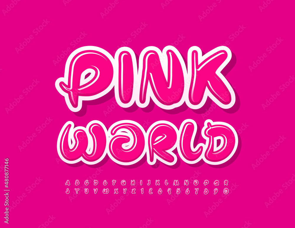 Vector bright template Pink World with creative Font. Handwritten shiny Alphabet Letters and Numbers