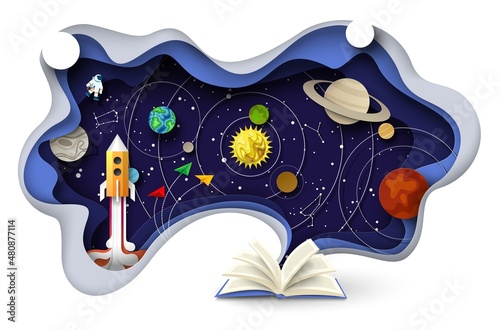 Open book with sky, planets, zodiac constellations, cosmonaut, rocket, vector paper cut illustration. Astronomy science.