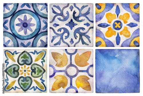 Watercolor ceramic tiles collection. Square vintage hand-drawn ornament.