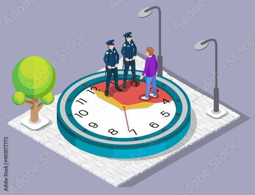Police officers patrolling street to avoid curfew breaches, vector isometric illustration. Stay at home at specific time photo