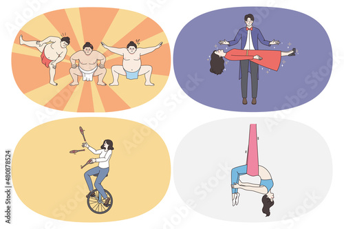 Circus entertainment and workers concept. Set of young people sumo fighters magician with flying woman juggler on wheel and flying gymnast during show vector illustration 