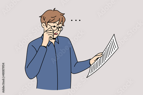 Feeling shocked during work concept. Young frustrated surprised businessman worker standing reading official document or report vector illustration 