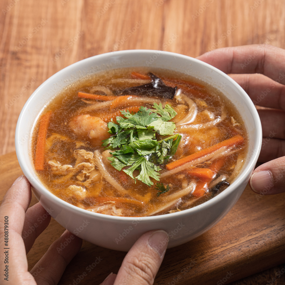 Delicious traditional thick soup with shrimp meat ball and vegetables. Delicious traditional thick soup with shrimp meat ball and vegetables.