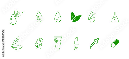 cosmetic icon set hypoallergenic, natural cosmetic, neutral ph, natural fragrance, dermatologically tested icon set 