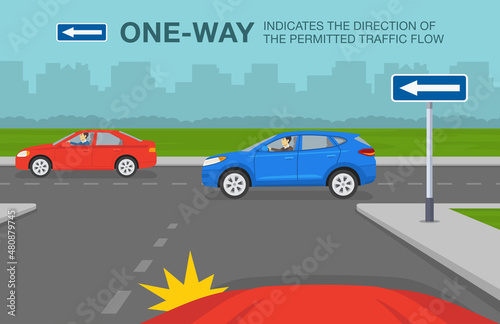 Fototapeta Naklejka Na Ścianę i Meble -  Safety car driving and traffic regulating rules. Car is reaching the intersection with one way direction. Sign indicates the direction of permitted traffic flow. Flat vector illustration template.