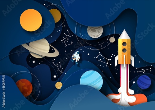 Night starry sky with solar system planets, constellations, rocket, vector paper cut illustration. Outer space scene.