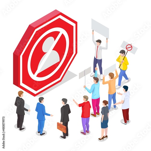 People with placards, vector isometric illustration. Cancel culture, boycott movement, social protest, strike.