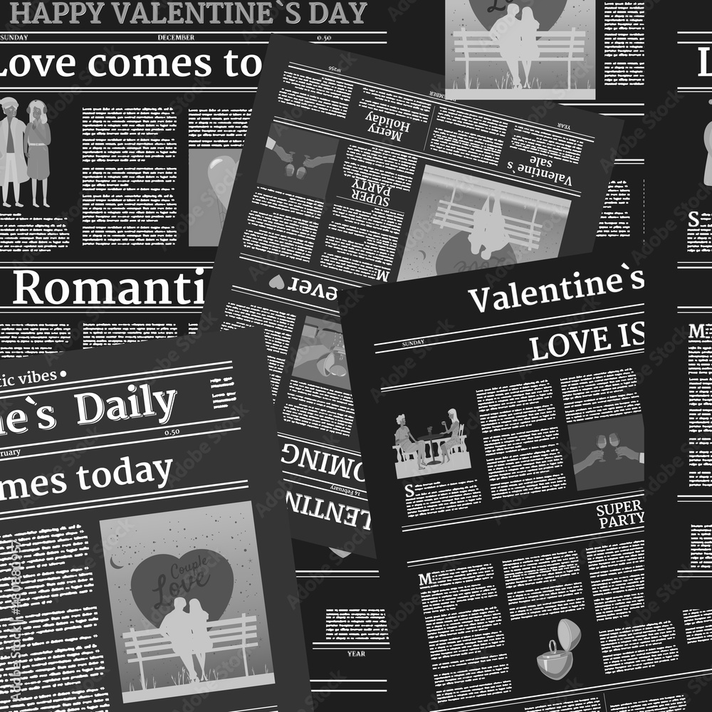 Valentine's day newspaper seamless pattern. Background with title header, unreadable text, retro. Vector illustration vintage