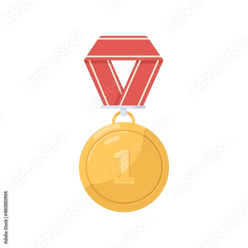 Gold medal for first place. Winners award with number one 1. 1st round medallion badge with ribbon mesh. Champions reward. Realistic flat graphic vector illustration isolated on white background