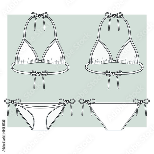 Bikini swimsuit with ties. Technical sketch.