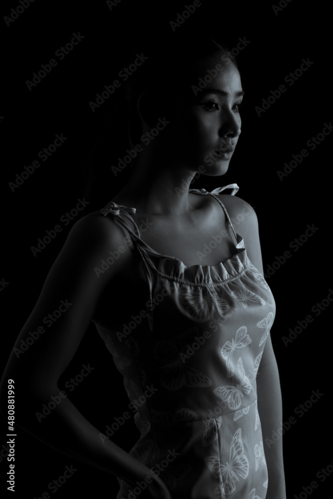 Fototapeta premium Half body Portrait of 20s Fashion Asian Woman honey skin has beautiful brown hair style