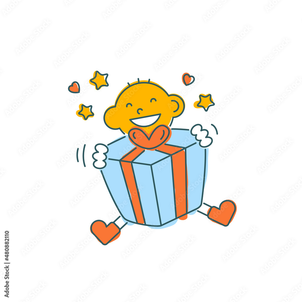 Happy man with gift box. Funny character design. Vector illustration in trendy linear cartoon style Happy man with gift box. Funny character design. Vector illustration in trendy linear cartoon style