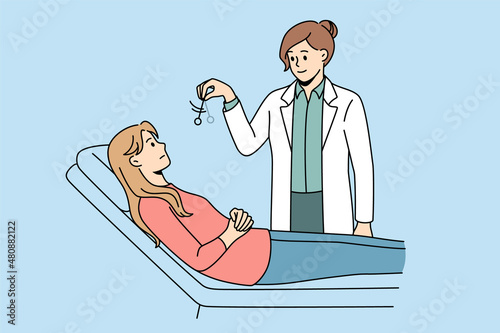 Psychotherapy and hypnosis method concept. Young woman doctor standing and making movement with special tool for getting patient into sleep vector illustration 