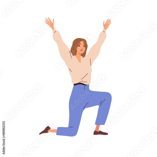 Excited woman rejoices and celebrates triumph, kneeling and raising hands up from joy. Joyful cheerful person winner with positive emotions. Flat vector illustration isolated on white background