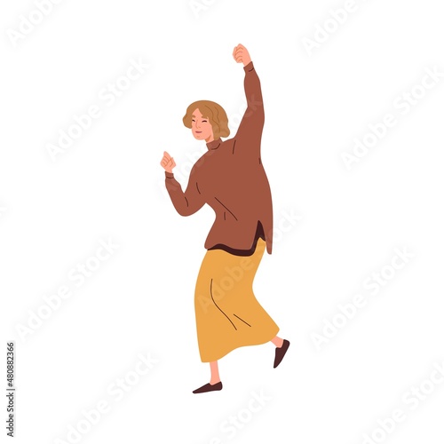 Happy excited woman rejoicing. Positive cheerful person celebrates success and victory. Joyful smiling successful female exulting with joy. Flat vector illustration isolated on white background