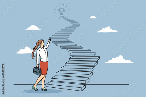 Business success and development concept. Young positive business woman with case standing looking at ladder with main trophy prize on top feeling confident vector illustration 