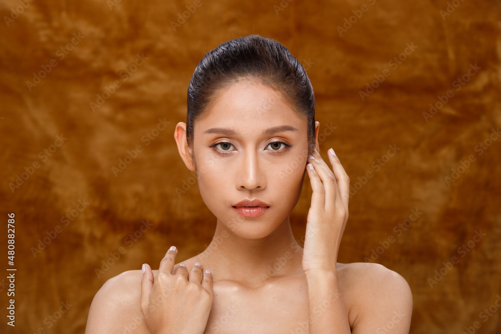 Naklejka premium Half body Portrait of 20s Fashion Indian Woman honey clean skin has beautiful black hair style
